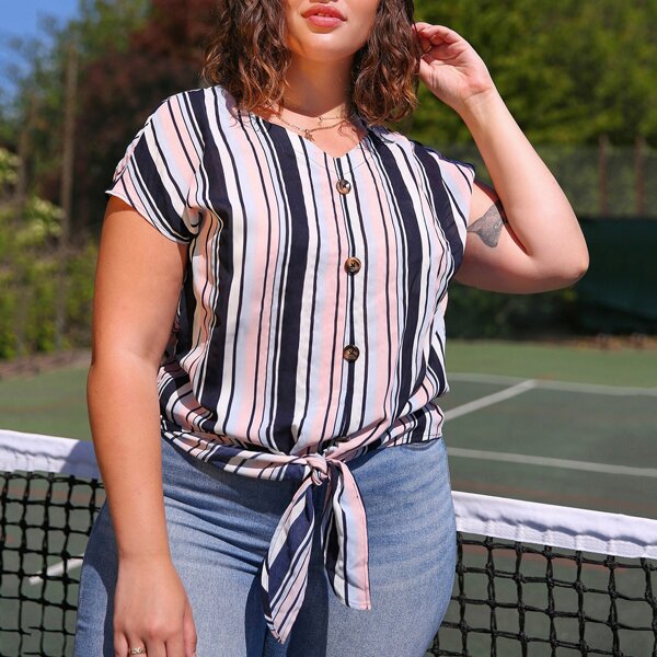 

Plus Button Front Tie Hem Striped Top, Multicolor