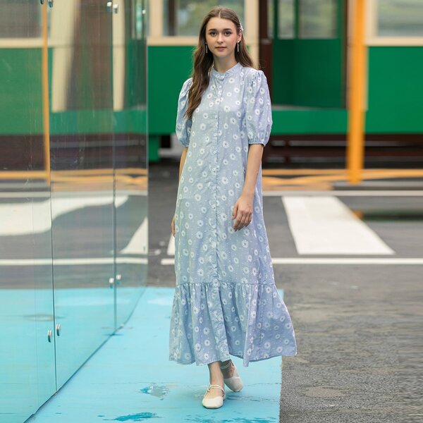 

Allover Floral Ruffle Hem Smock Dress, Dusty blue