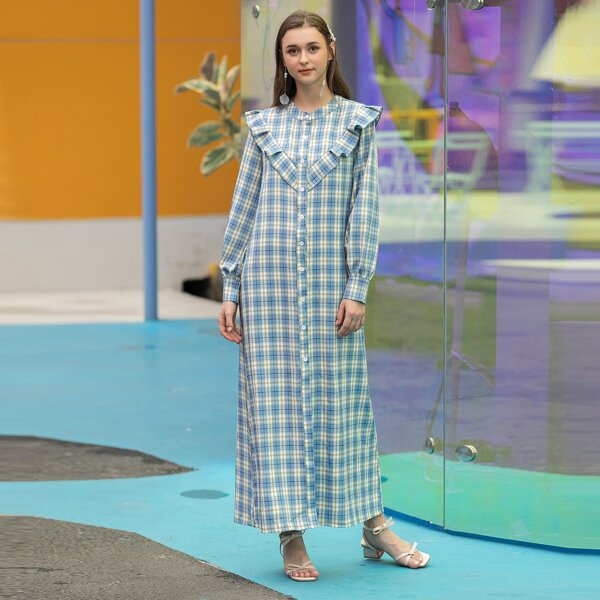 

Tartan Plaid Ruffle Trim Maxi Shirt Dress, Multicolor