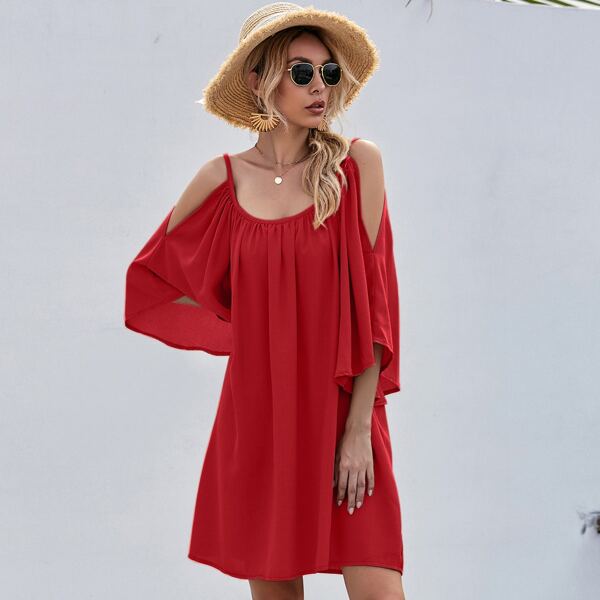 

Cold Shoulder Solid Tunic Dress, Red