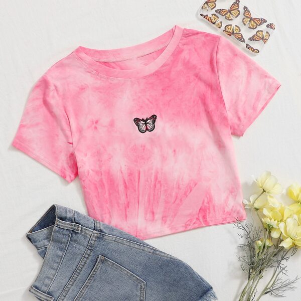 

Tie Dye Butterfly Embroidery Tee, Pink