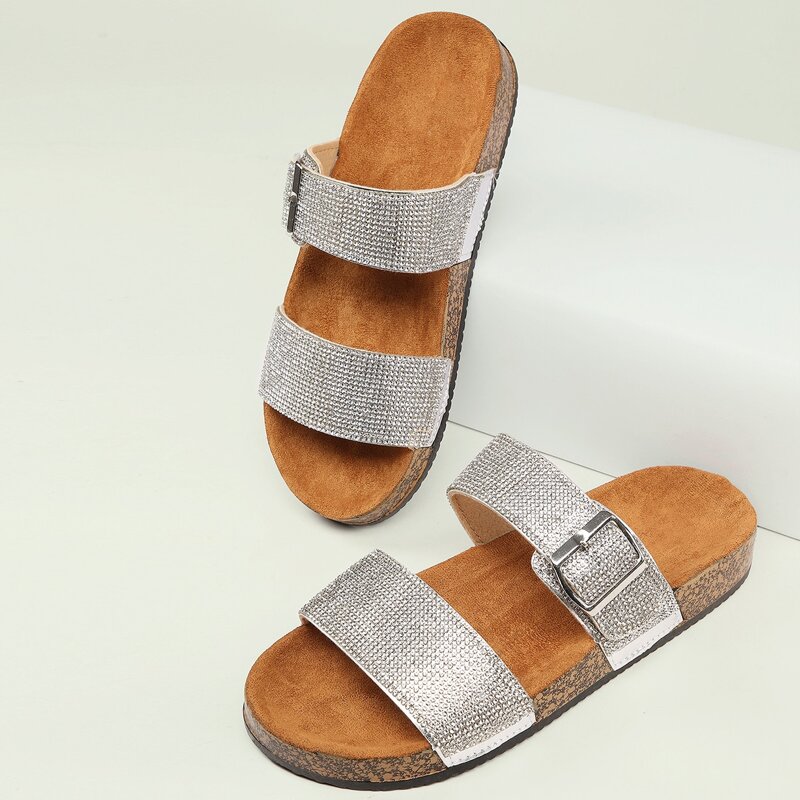

Crystal Pave Two Band Footbed Platform Sandals, Silver