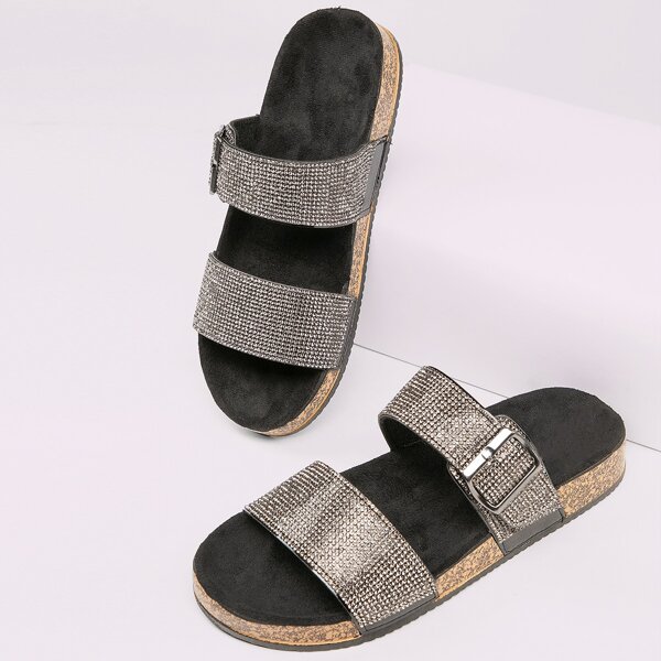 

Rhinestone Double Band Footbed Flatform Sandals, Black