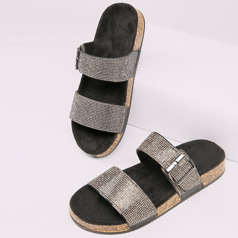 

Rhinestone Double Band Footbed Flatform Sandals, Black