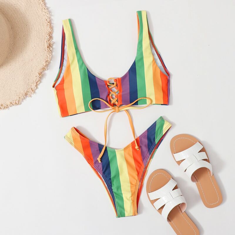 

Colorful Stripe Lace-up Bikini Swimsuit, Multicolor