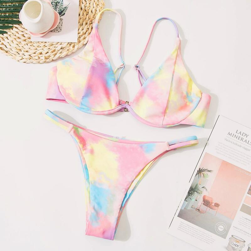 

Tie Dye Underwire Thong Bikini Swimsuit, Multicolor