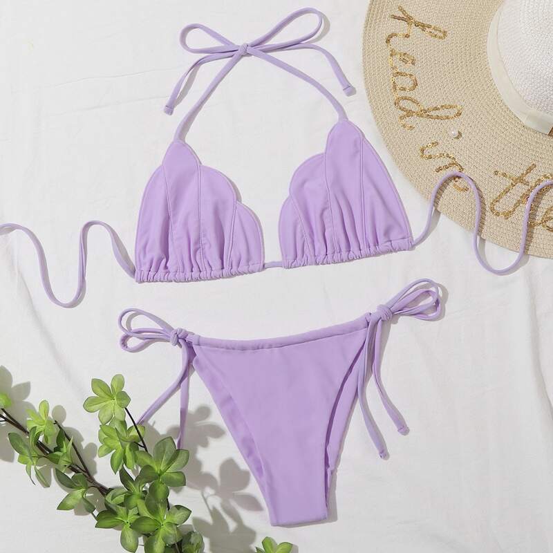 

Halter Triangle Tie Side Bikini Swimsuit, Pastel lilac purple