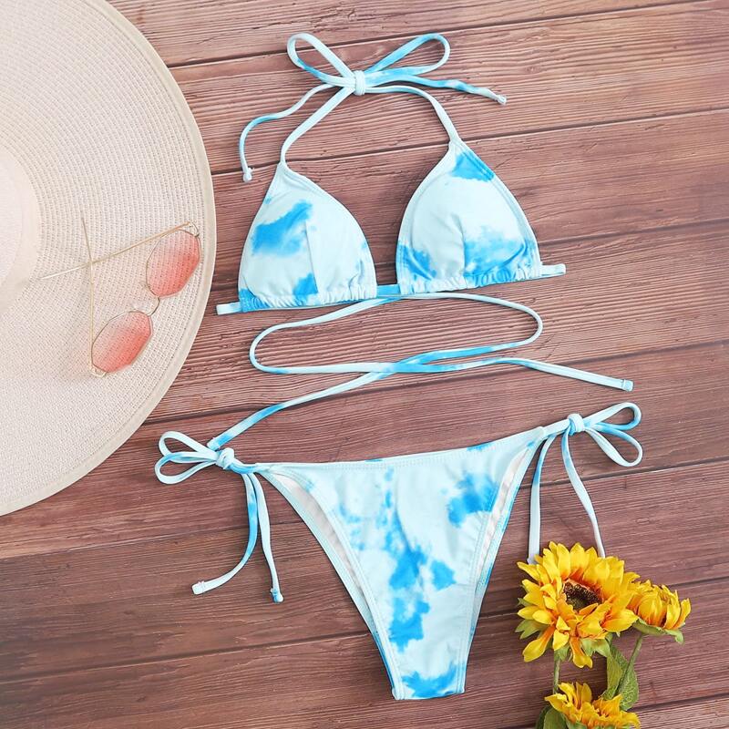 

Tie Dye Triangle Tie Side Bikini Swimsuit, Pastel baby blue