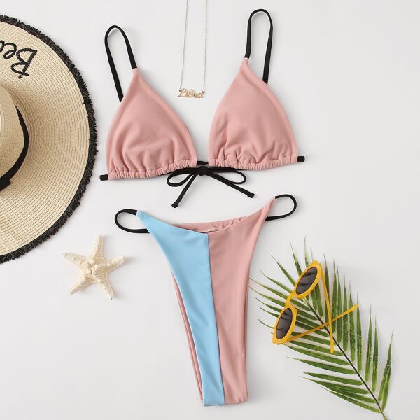 

Two Tone Triangle High Cut Bikini Swimsuit, Multicolor