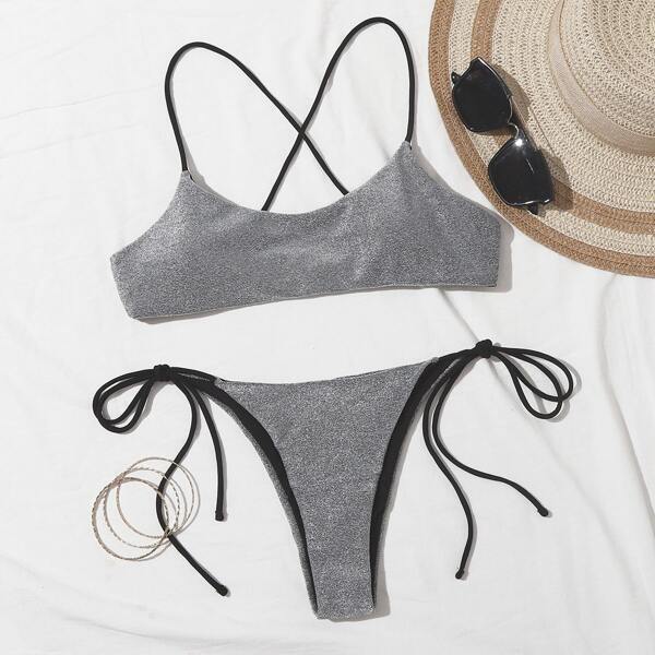 

Glitter Tie Side Bikini Swimsuit, Silver