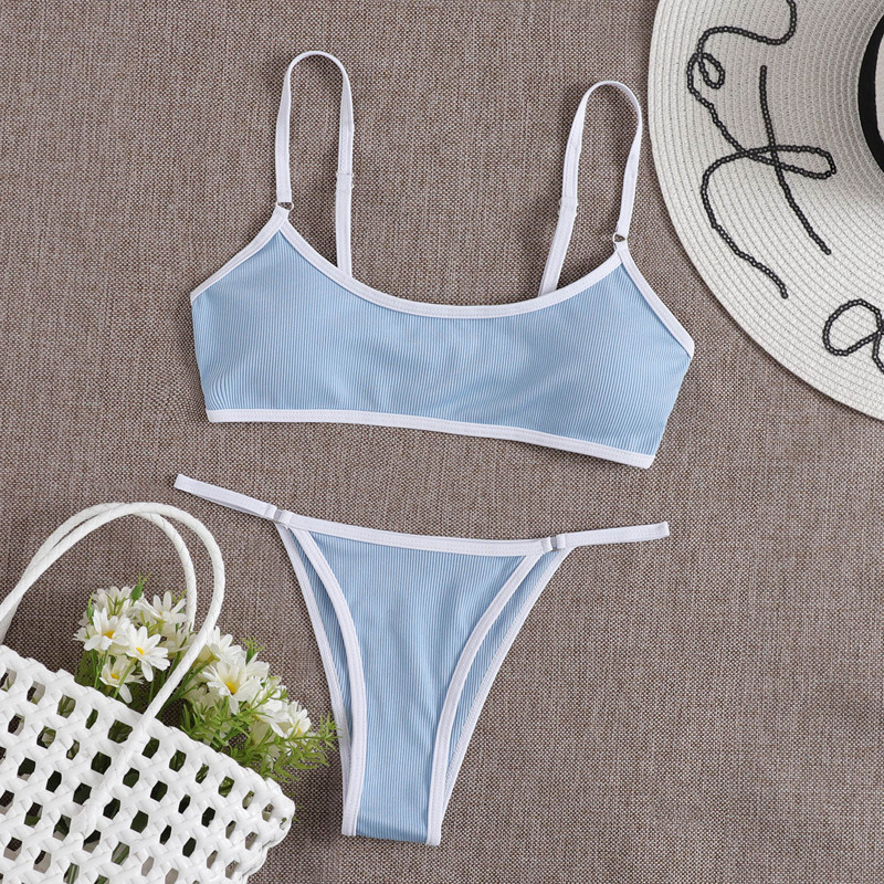

Rib Contrast Binding Thong Bikini Swimsuit, Baby blue