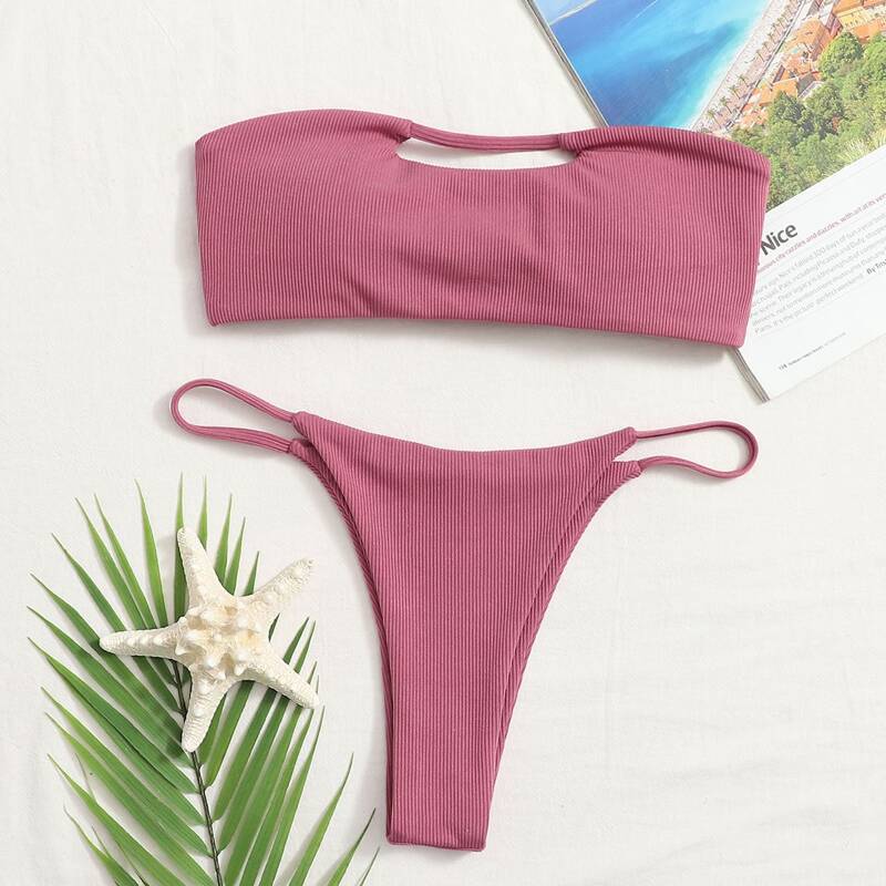 

Rib Cut-out Bandeau Thong Bikini Swimsuit, Dusty pink