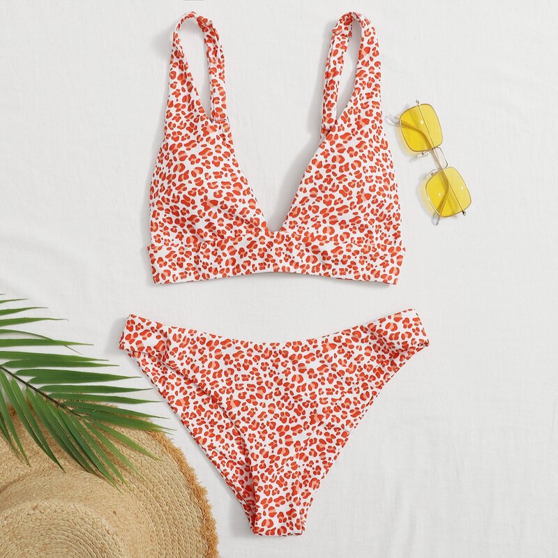 

Leopard V Neck Bikini Swimsuit, Orange bright