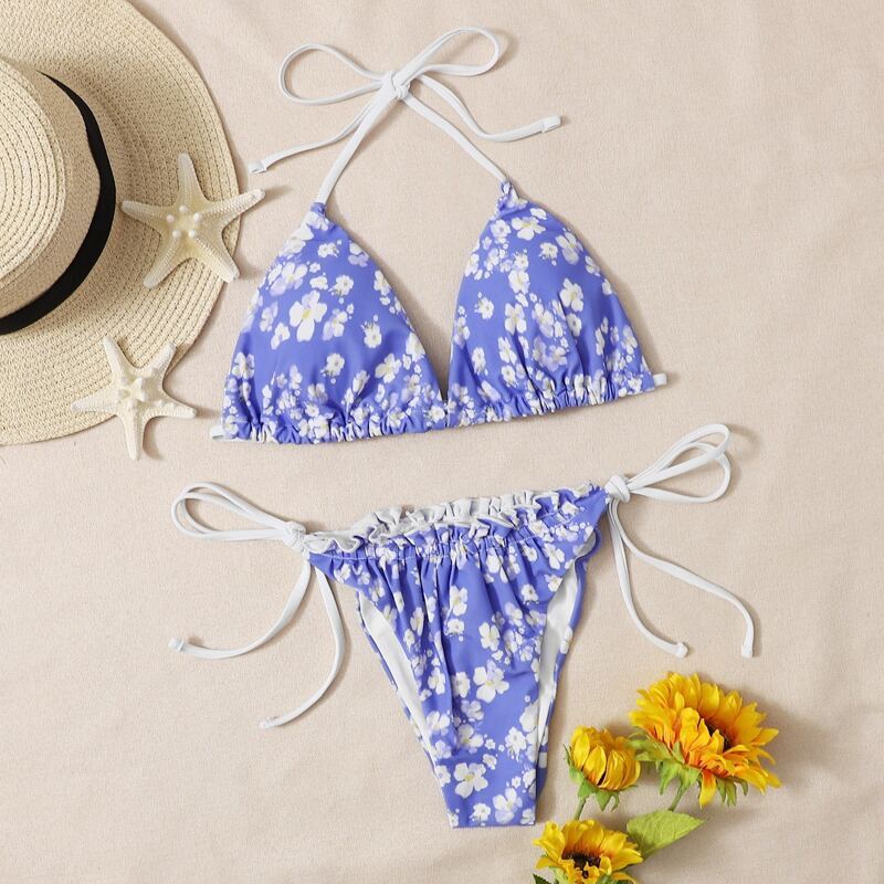 

Floral Triangle Tie Side Bikini Swimsuit, Violet purple