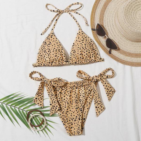 

Cheetah Print Triangle Self-Tie Bikini Swimsuit, Camel