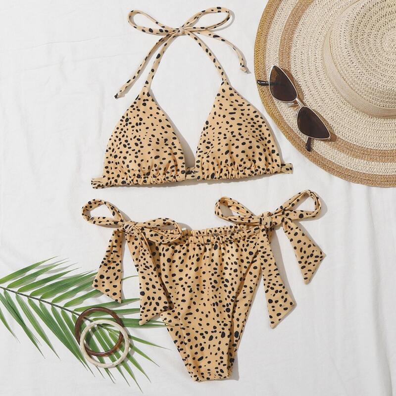 

Dalmatian Triangle Tie Side Bikini Swimsuit, Camel