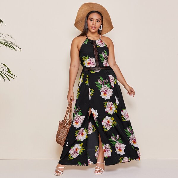 

Plus Crisscross Tie Back Lace Insert Split Thigh Floral Dress, Black