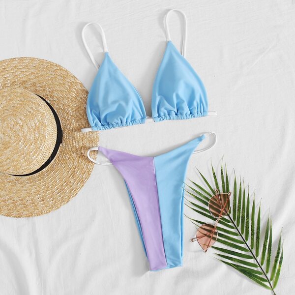 

Two Tone Triangle High Cut Bikini Swimsuit, Pastel baby blue