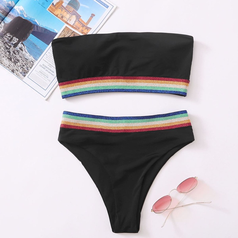 

Rainbow Stripe Trim Bandeau Bikini Swimsuit, Black