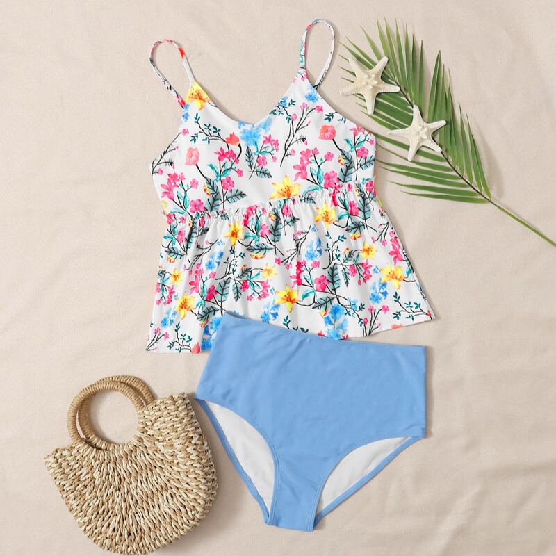 

Floral Ruffle Hem Bikini Swimsuit, Multicolor