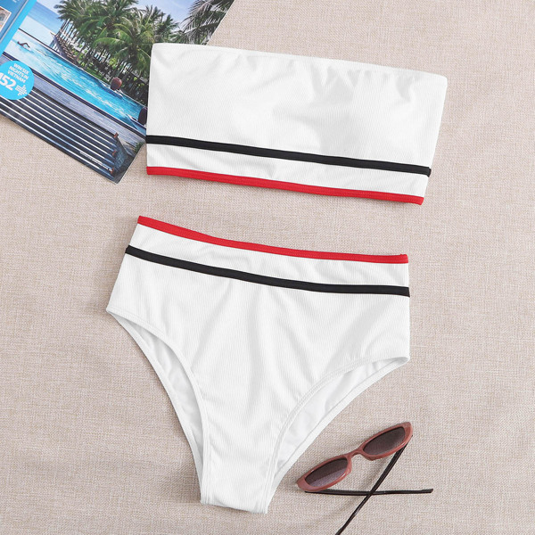 

Contrast Trim Bandeau Bikini Swimsuit, White