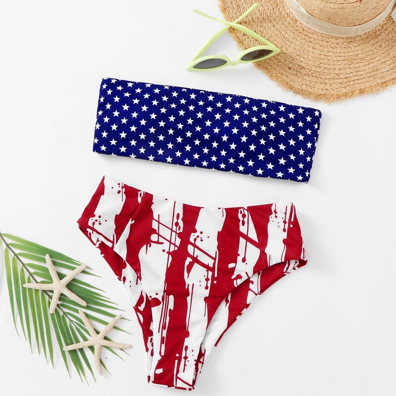 

Star & Striped Print Bandeau Bikini Swimsuit, Multicolor