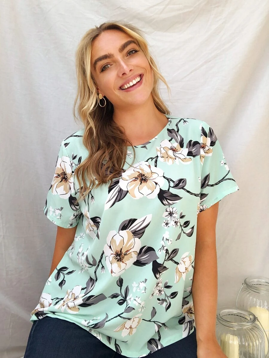 SHEIN Áo sơ mi Plus Size Hoa Màu xanh Bạc hà Giải trí - Màu xanh Bạc hà - Xem 1