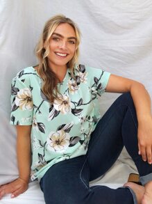 SHEIN Áo sơ mi Plus Size Hoa Màu xanh Bạc hà Giải trí - Màu xanh Bạc hà - Xem 3