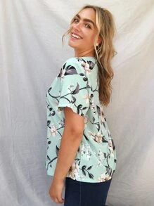 SHEIN Áo sơ mi Plus Size Hoa Màu xanh Bạc hà Giải trí - Màu xanh Bạc hà - Xem 4