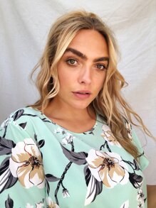 SHEIN Áo sơ mi Plus Size Hoa Màu xanh Bạc hà Giải trí - Màu xanh Bạc hà - Xem 5