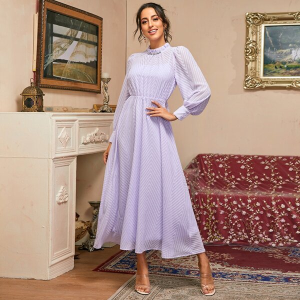 

Frilled Neck Rhinestone Detail Textured Dress, Lilac purple
