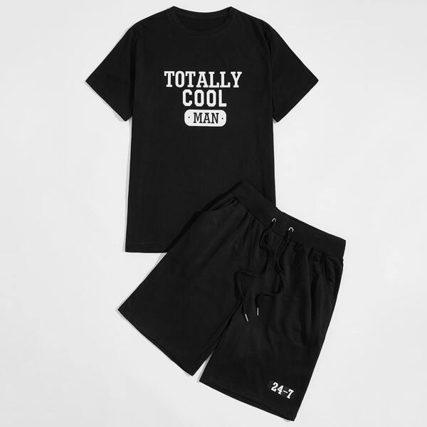

Men Letter Graphic Tee With Drawstring Shorts, Black