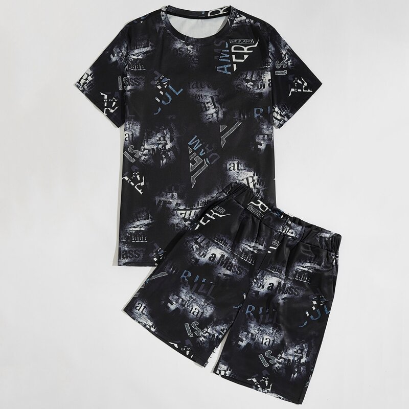 

Guys Allover Letter Graphic Tee With Shorts, Black