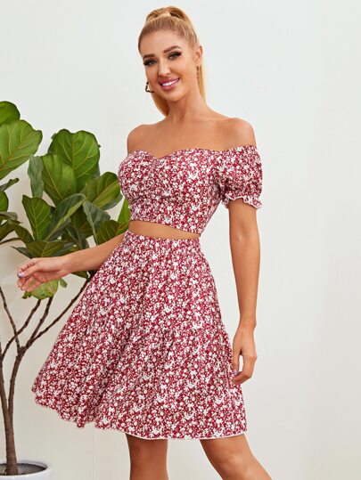 shirred ruffle hem bardot top
