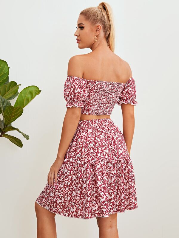 shirred ruffle hem bardot top