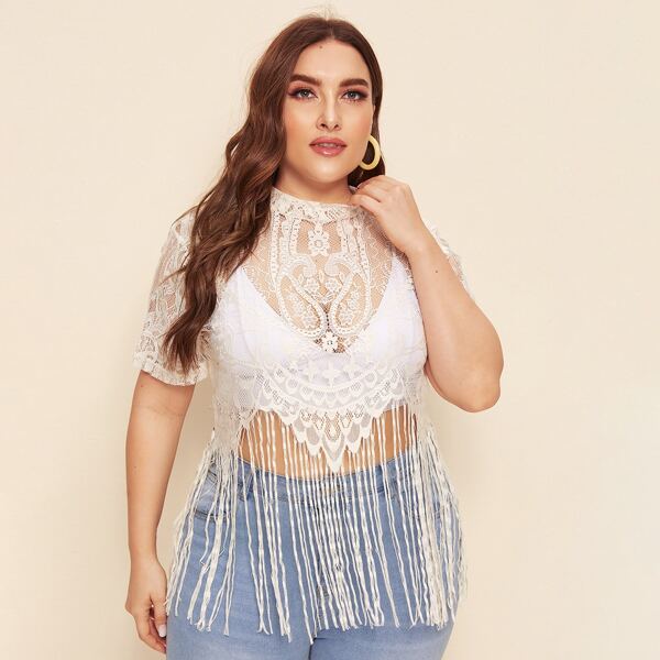 

Plus Mock Neck Fringe Hem Sheer Lace Top Without Bra, White