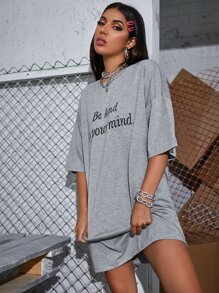 SHEIN Unity Drop Shoulder Slogan Graphic Tee Be Kind To Your Mind - Grey - View 4