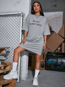 SHEIN Unity Drop Shoulder Slogan Graphic Tee Be Kind To Your Mind - Grey - View 5