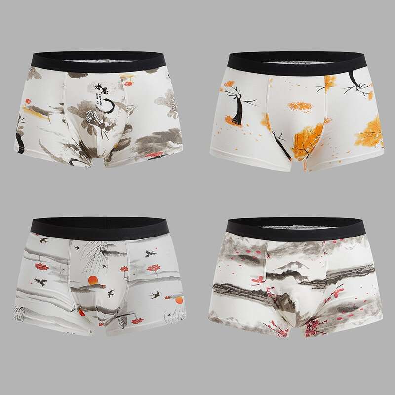 

Guys 4pcs Ink Painting Boxer Brief, White