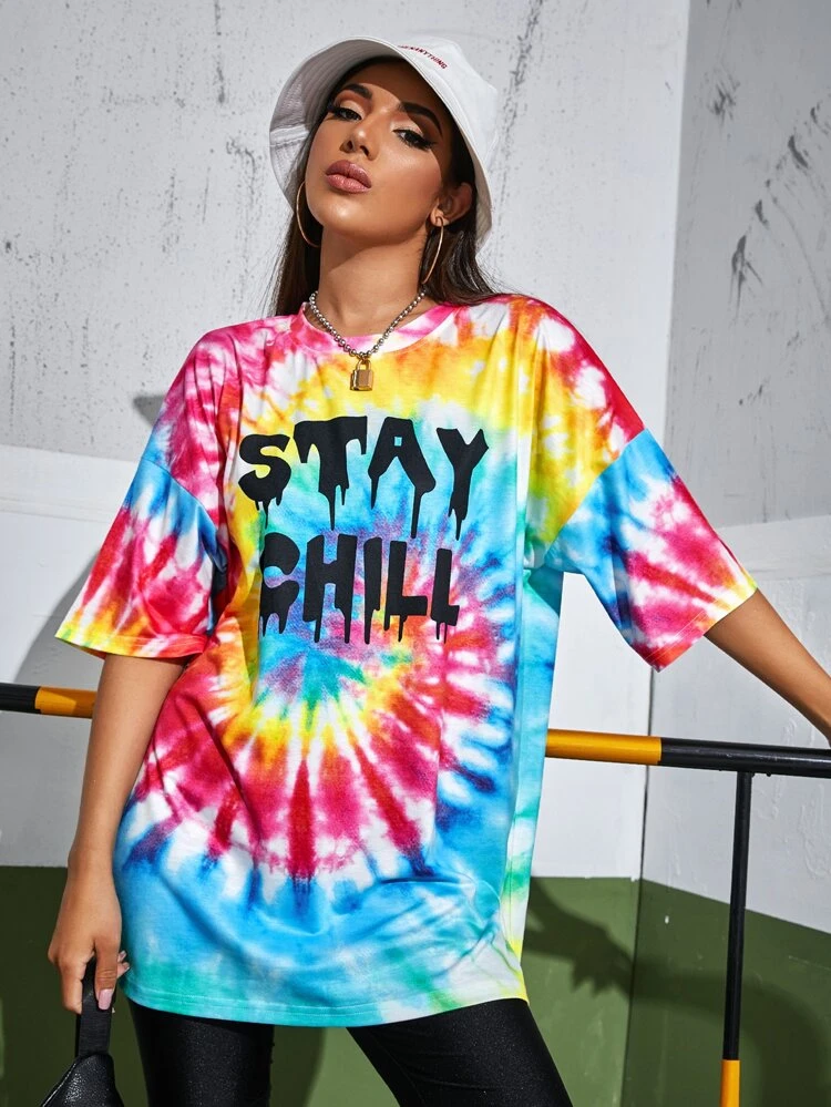 Stay Chill Graphic Tie-Dye Oversized Tee | SHEIN