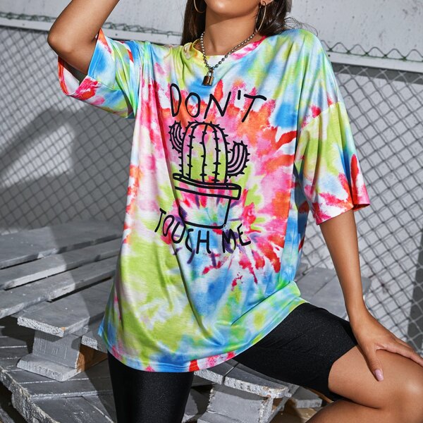 

Cactus and Slogan Graphic Drop Shoulder Tie Dye Tee, Multicolor