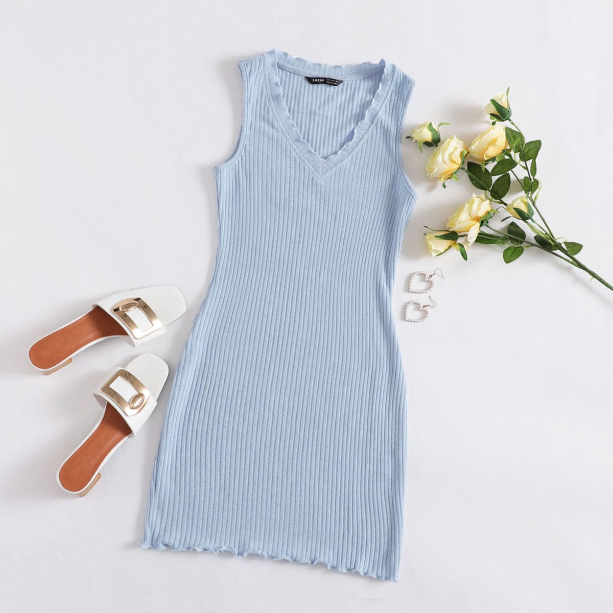 

V-neck Lettuce Edge Rib-knit Dress, Pastel baby blue