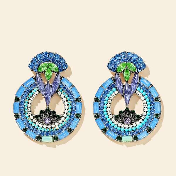 

Round Rhinestone Engraved Stud Earrings, Blue
