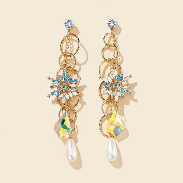 

Rhinestone Engraved Drop Earrings, Gold