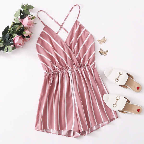 

Surplice Neck Crisscross Open Back Striped Cami Romper, Dusty pink