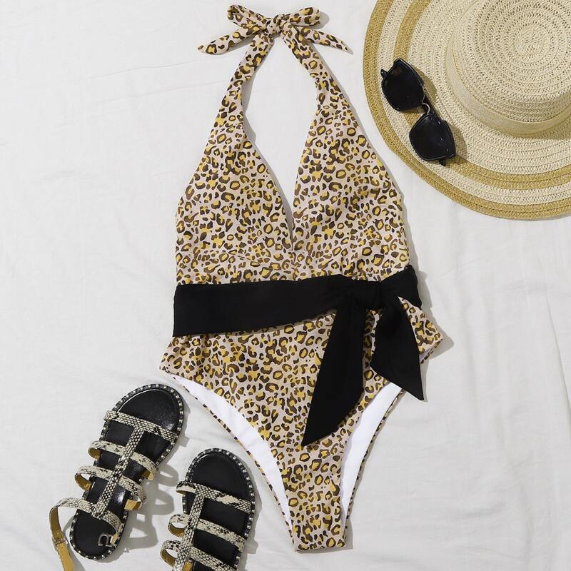 

Leopard Belted Plunging One Piece Swimsuit, Multicolor