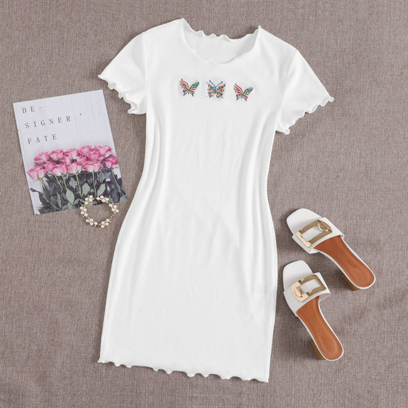 

Butterfly Embroidered Lettuce Edge Rib-knit Bodycon Dress, White