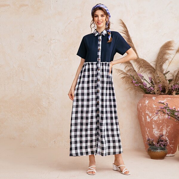 

Gingham Colorblock Button Front Shirt Dress, Multicolor