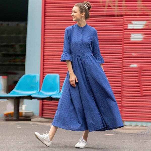 

Eyelet Embroidered Flounce Sleeve Shirt Dress, Blue