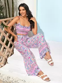 花卉圖案打褶吊帶上衣帶寬腿褲子 - 彩色 - 查看 1